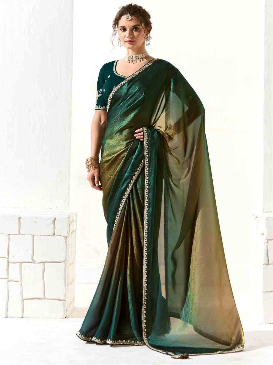 Multi Organza Tissue Embroidered Festival Wedding Fancy Heavy Border Saree