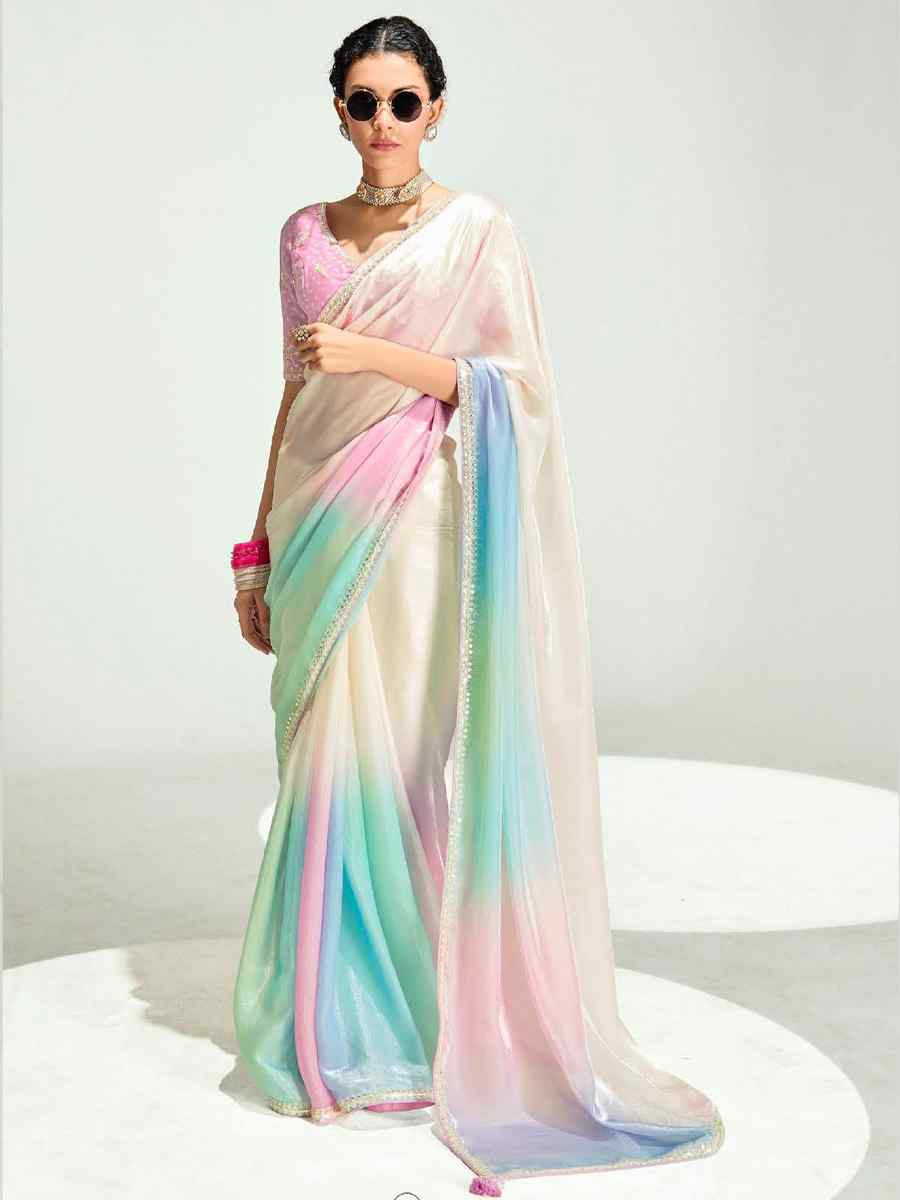 Multi Organza Tissue Embroidered Festival Wedding Fancy Heavy Border Saree