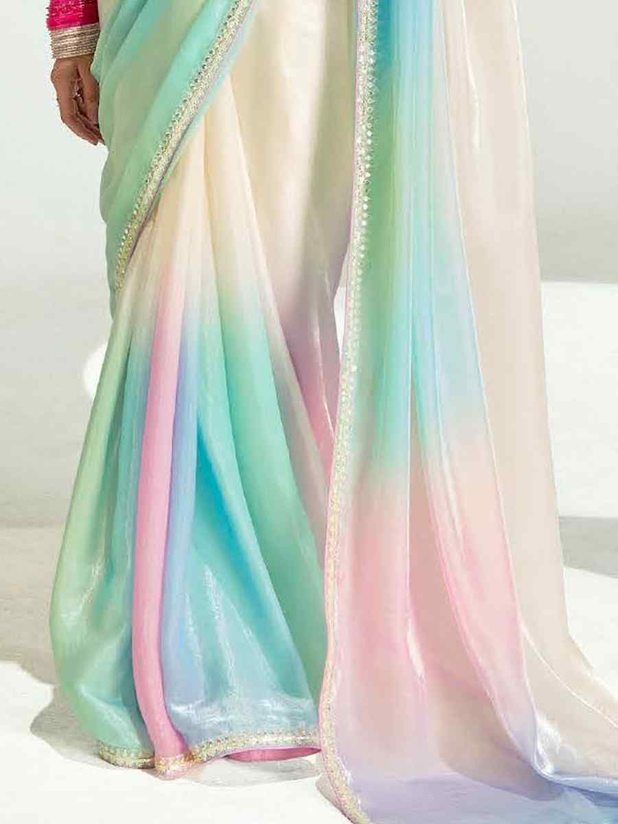 Multi Organza Tissue Embroidered Festival Wedding Fancy Heavy Border Saree