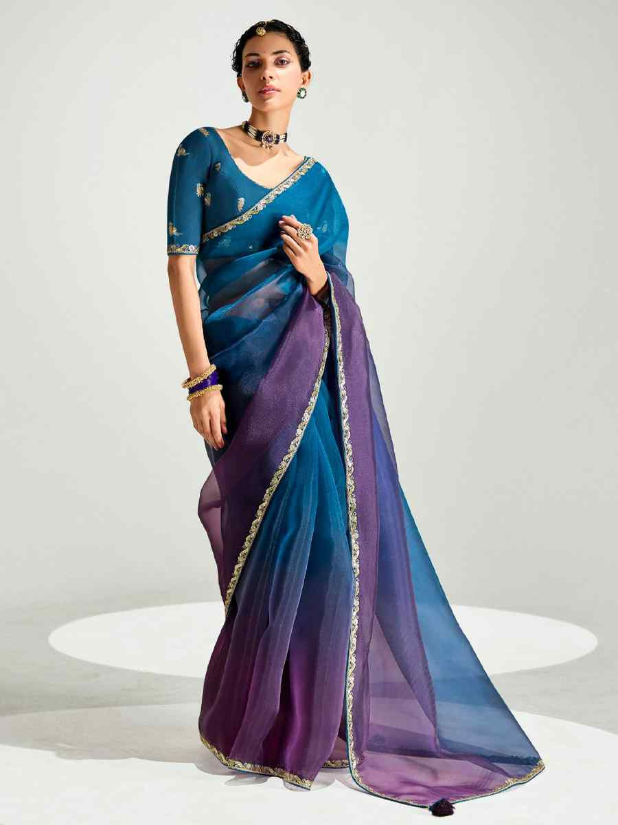 Multi Organza Tissue Embroidered Festival Wedding Fancy Heavy Border Saree