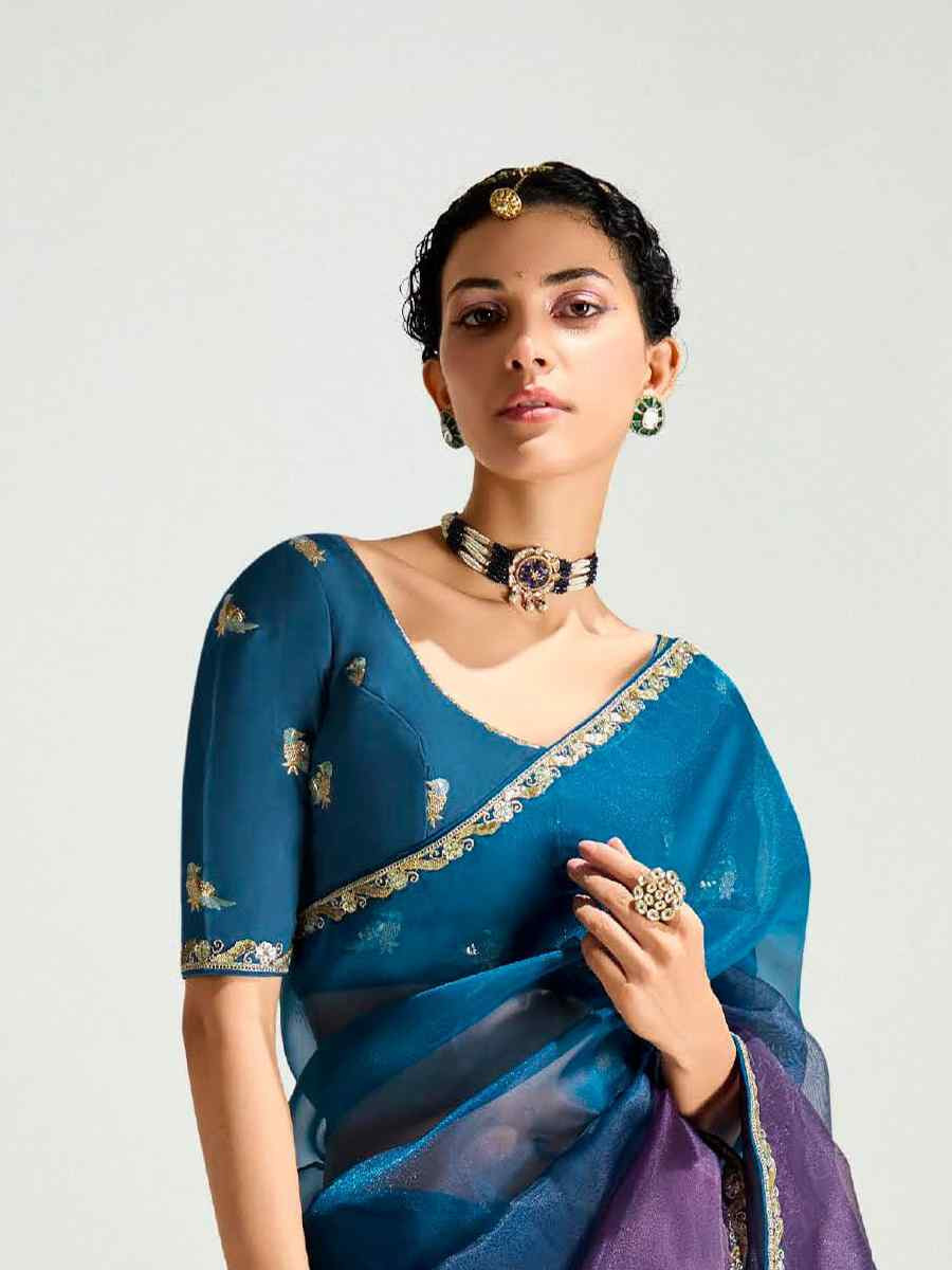 Multi Organza Tissue Embroidered Festival Wedding Fancy Heavy Border Saree