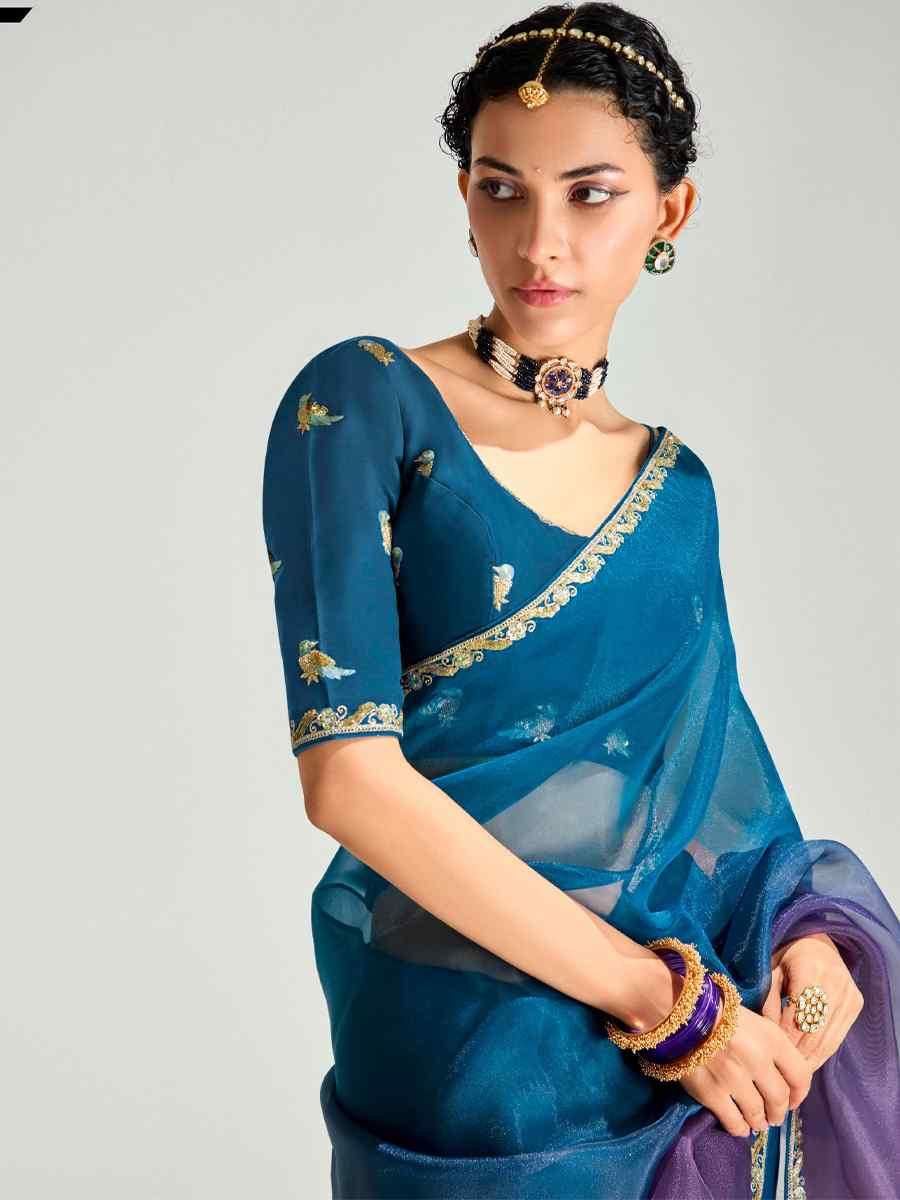 Multi Organza Tissue Embroidered Festival Wedding Fancy Heavy Border Saree