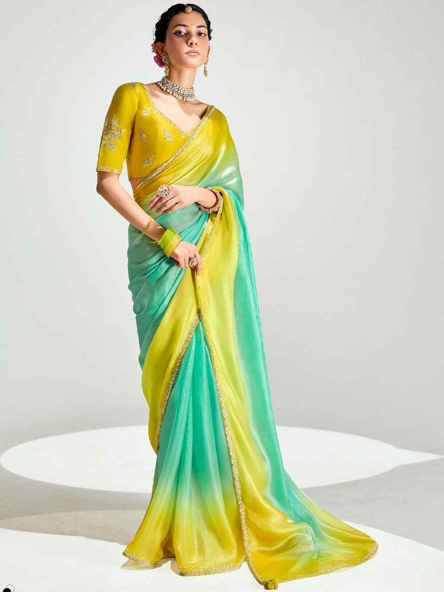 Multi Organza Tissue Embroidered Festival Wedding Fancy Heavy Border Saree