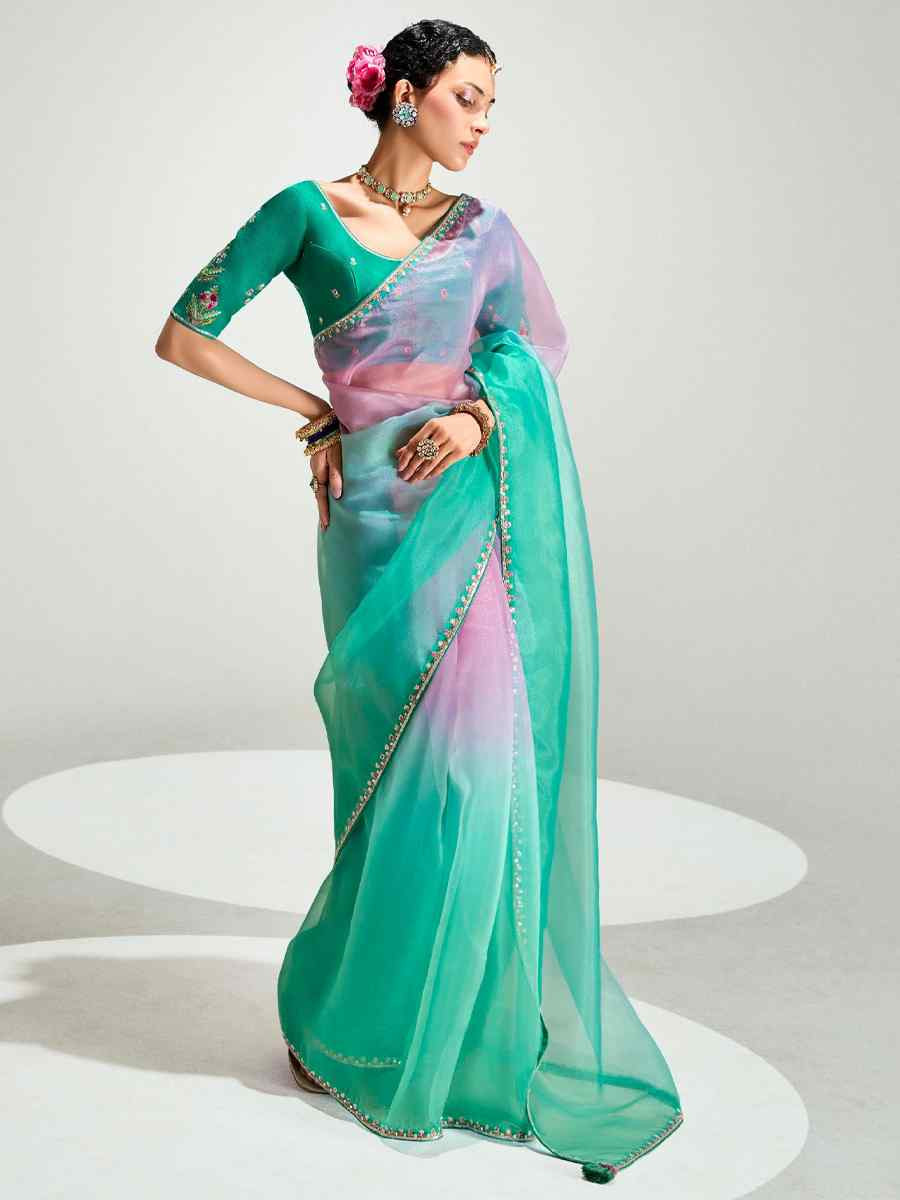 Multi Organza Tissue Embroidered Festival Wedding Fancy Heavy Border Saree