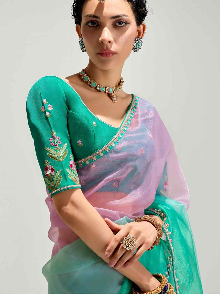 Multi Organza Tissue Embroidered Festival Wedding Fancy Heavy Border Saree