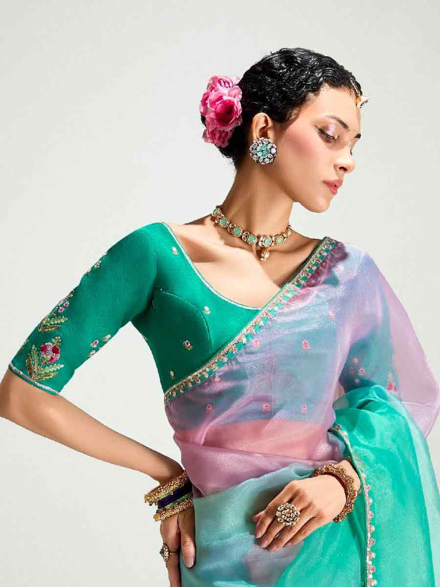 Multi Organza Tissue Embroidered Festival Wedding Fancy Heavy Border Saree