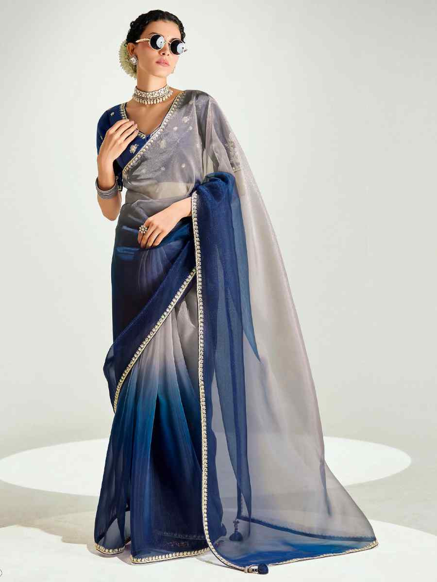 Multi Organza Tissue Embroidered Festival Wedding Fancy Heavy Border Saree