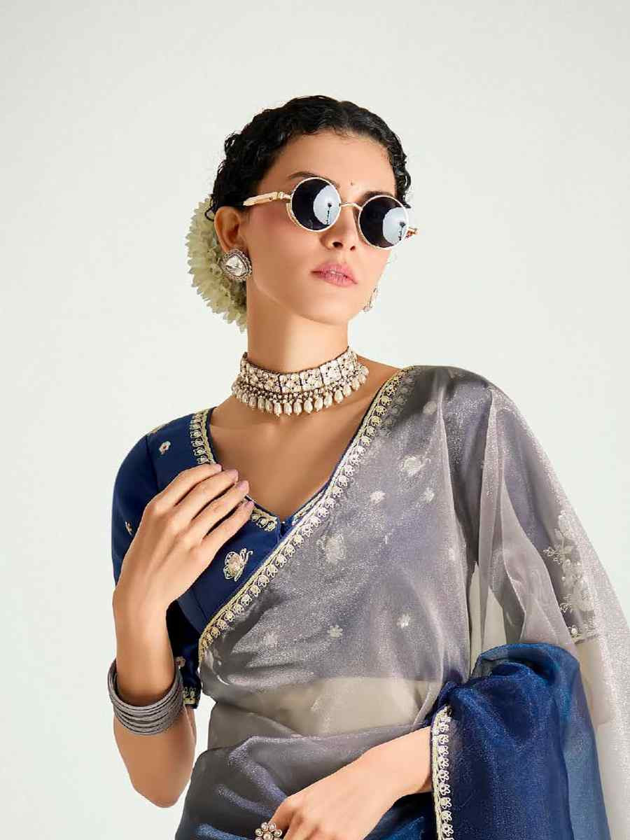 Multi Organza Tissue Embroidered Festival Wedding Fancy Heavy Border Saree