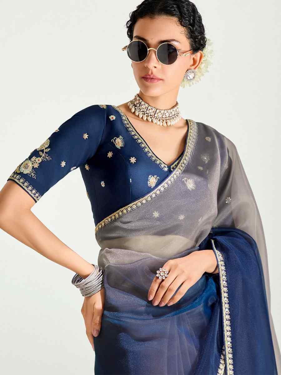 Multi Organza Tissue Embroidered Festival Wedding Fancy Heavy Border Saree