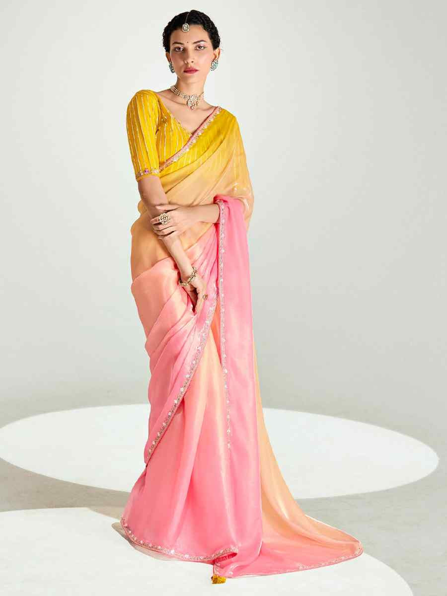 Multi Organza Tissue Embroidered Festival Wedding Fancy Heavy Border Saree