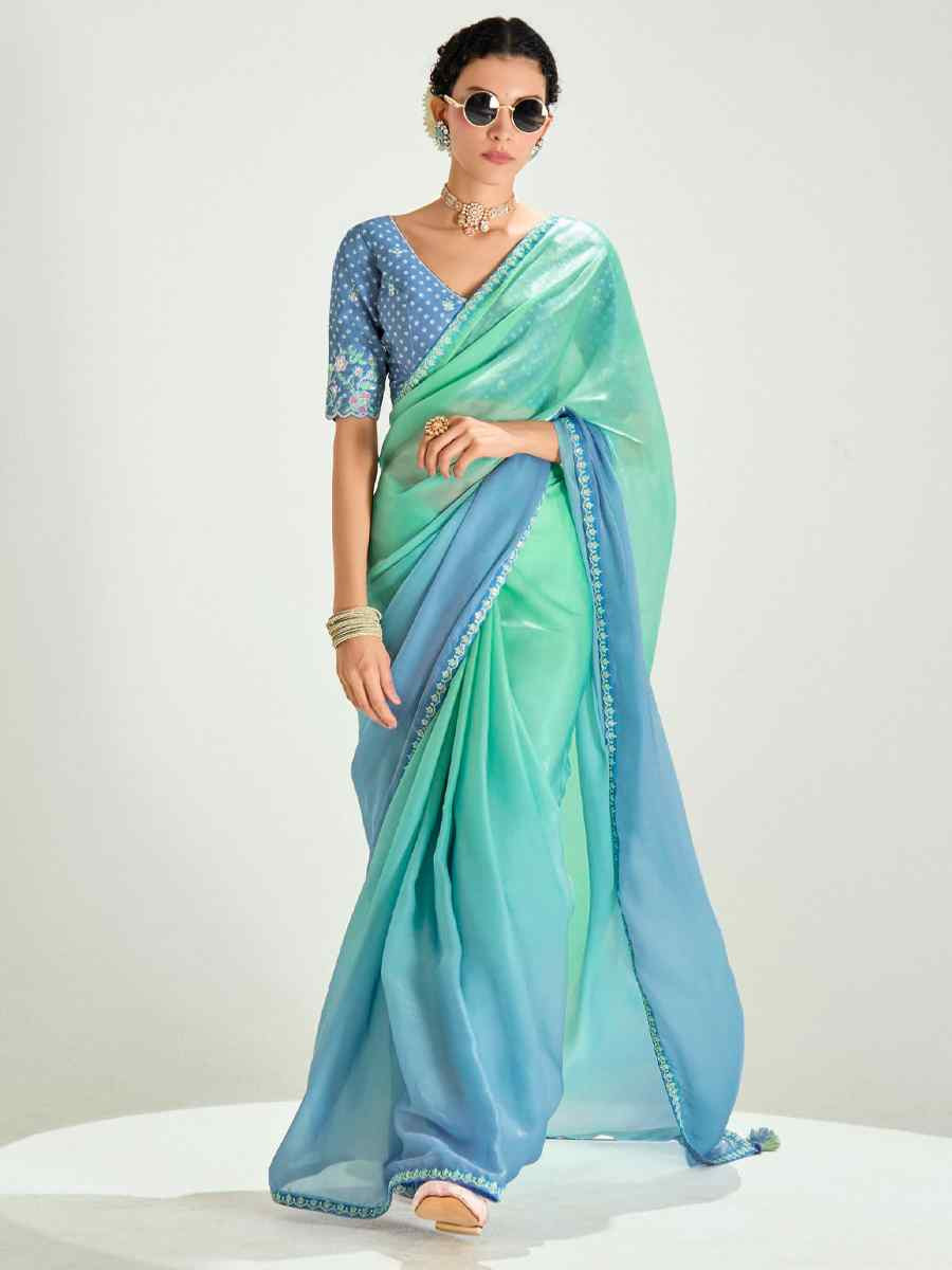 Multi Organza Tissue Embroidered Festival Wedding Fancy Heavy Border Saree