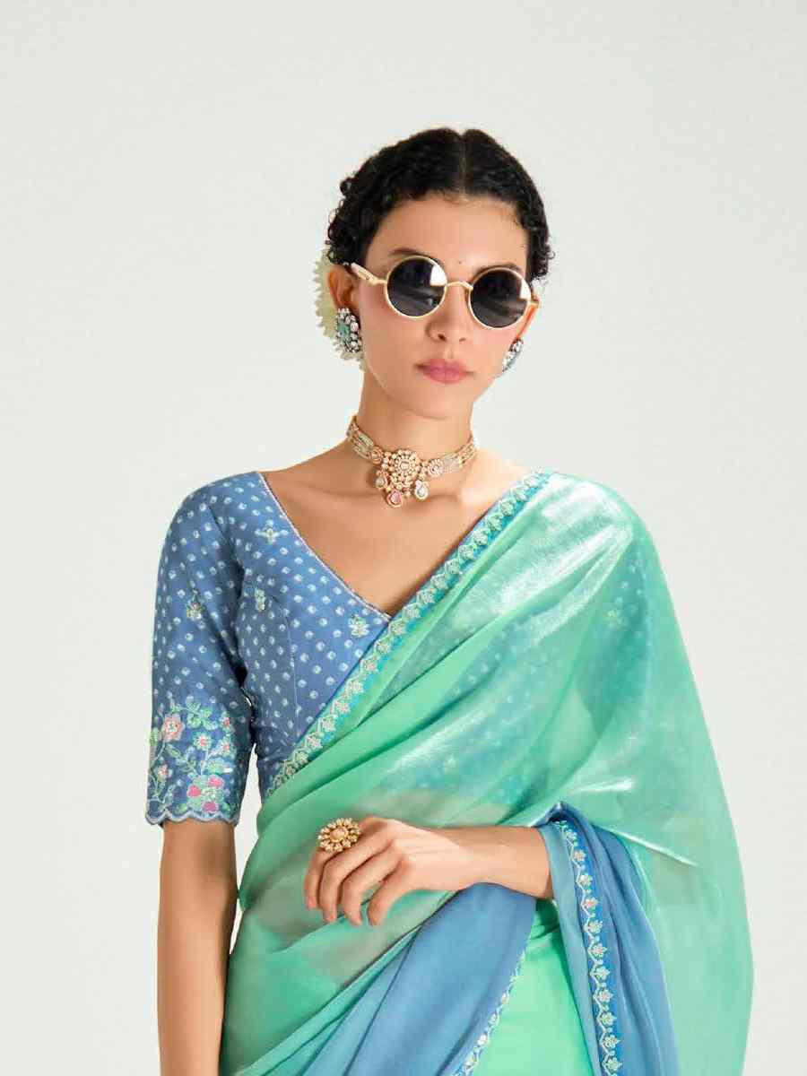 Multi Organza Tissue Embroidered Festival Wedding Fancy Heavy Border Saree