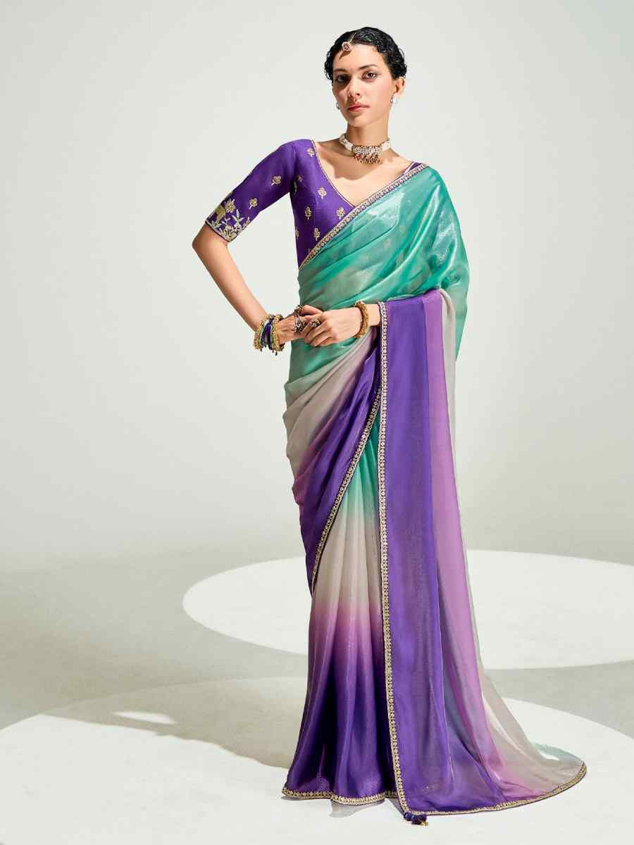 Multi Organza Tissue Embroidered Festival Wedding Fancy Heavy Border Saree