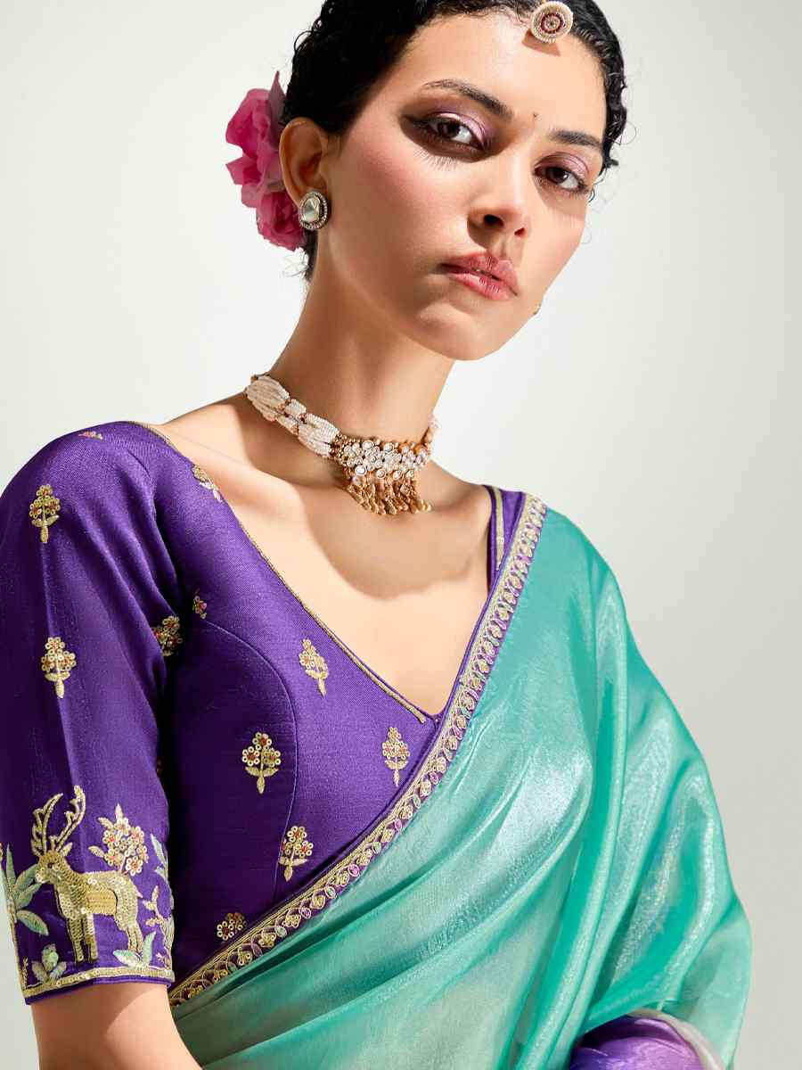 Multi Organza Tissue Embroidered Festival Wedding Fancy Heavy Border Saree