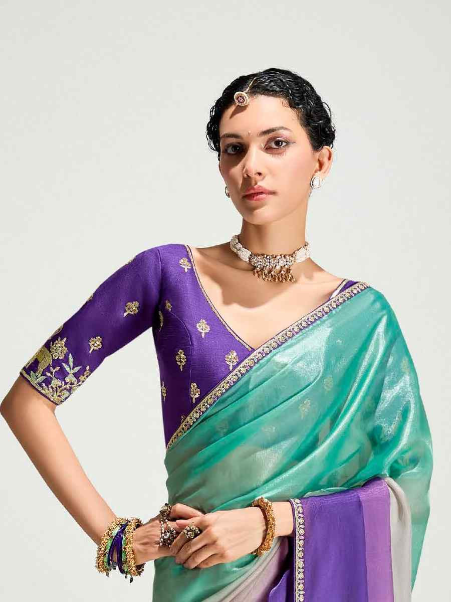 Multi Organza Tissue Embroidered Festival Wedding Fancy Heavy Border Saree