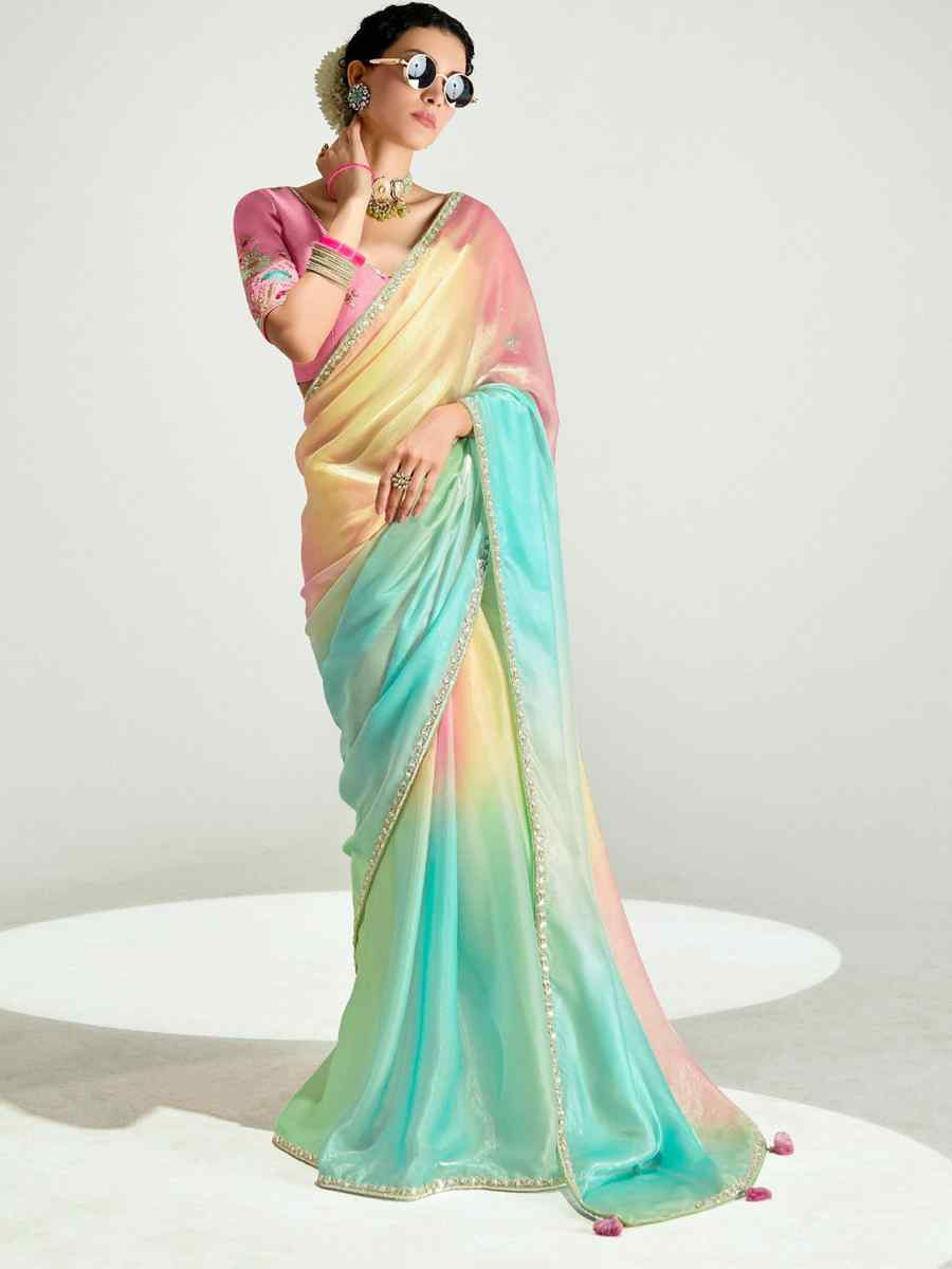 Multi Organza Tissue Embroidered Festival Wedding Fancy Heavy Border Saree