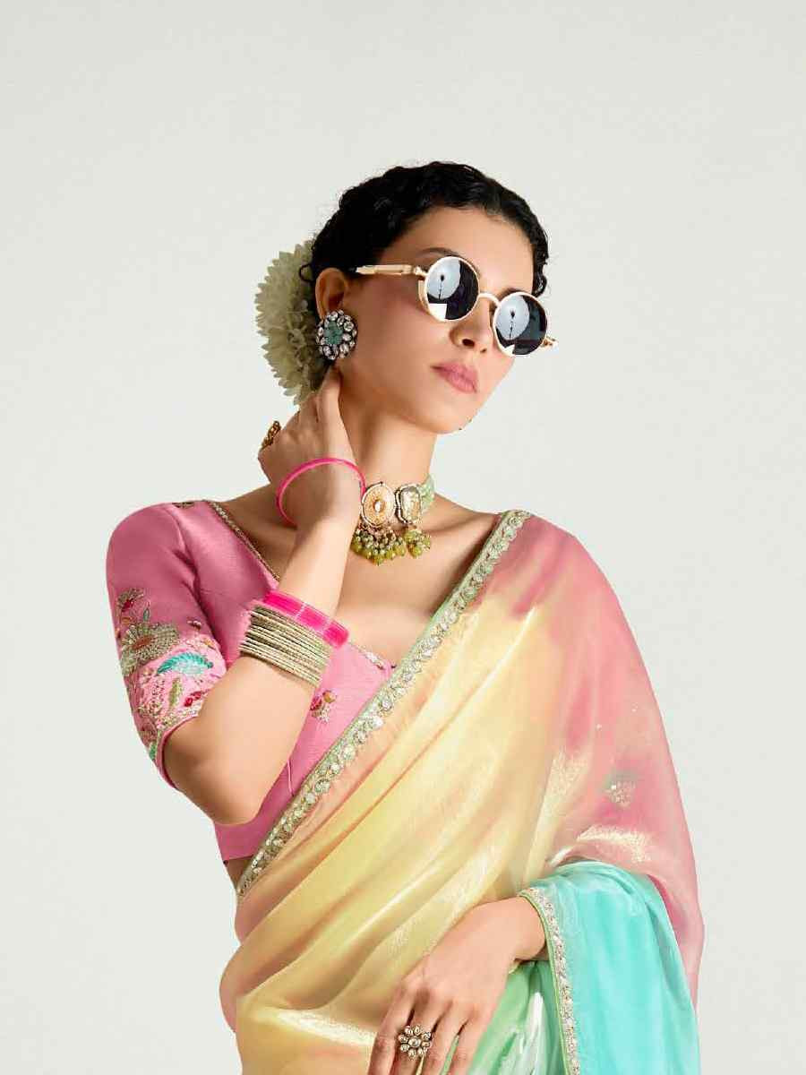 Multi Organza Tissue Embroidered Festival Wedding Fancy Heavy Border Saree