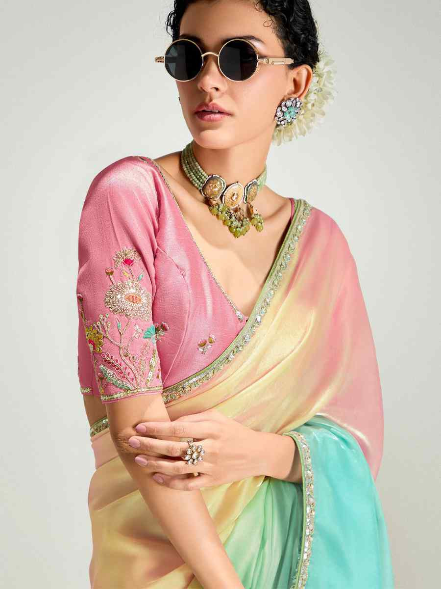 Multi Organza Tissue Embroidered Festival Wedding Fancy Heavy Border Saree