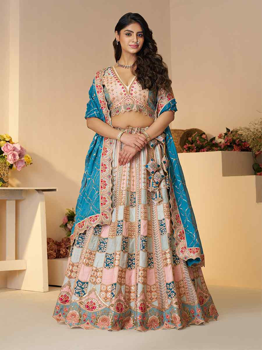 Multi pastle color Dola Silk Embroidered Wedding Bridesmaid Heavy Border Lehenga Choli