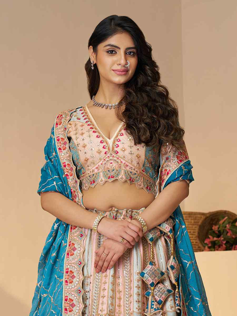 Multi pastle color Dola Silk Embroidered Wedding Bridesmaid Heavy Border Lehenga Choli