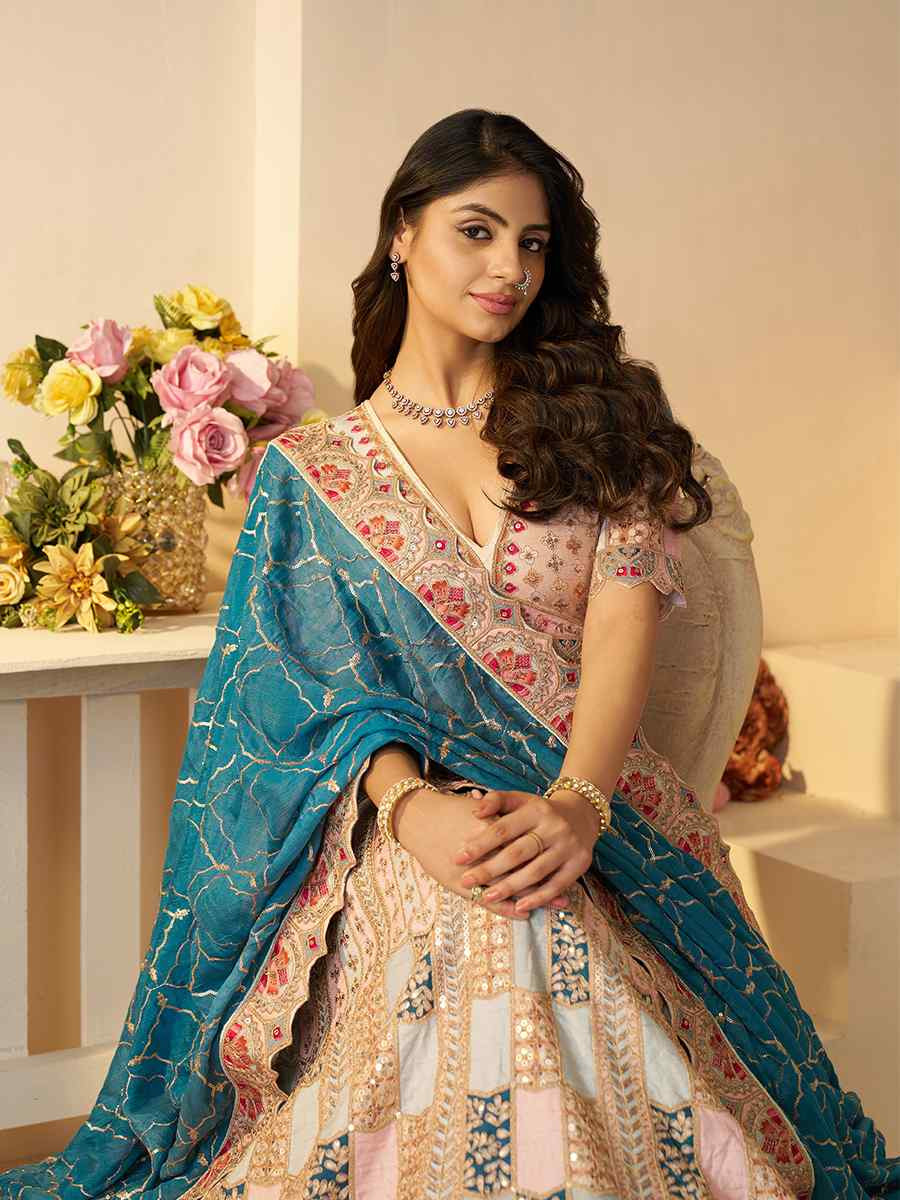 Multi pastle color Dola Silk Embroidered Wedding Bridesmaid Heavy Border Lehenga Choli