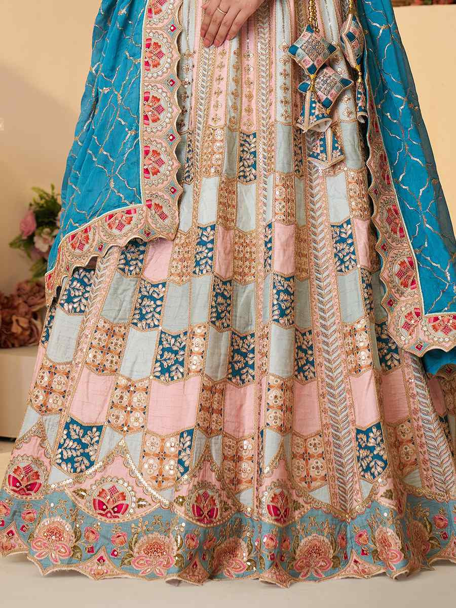 Multi pastle color Dola Silk Embroidered Wedding Bridesmaid Heavy Border Lehenga Choli