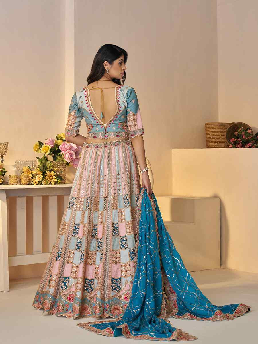 Multi pastle color Dola Silk Embroidered Wedding Bridesmaid Heavy Border Lehenga Choli