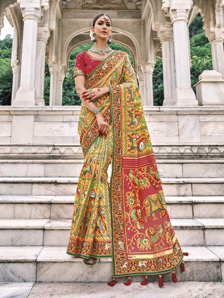 Multi Pathan Patola Pure Silk Embroidered Wedding Festival Heavy Border Saree