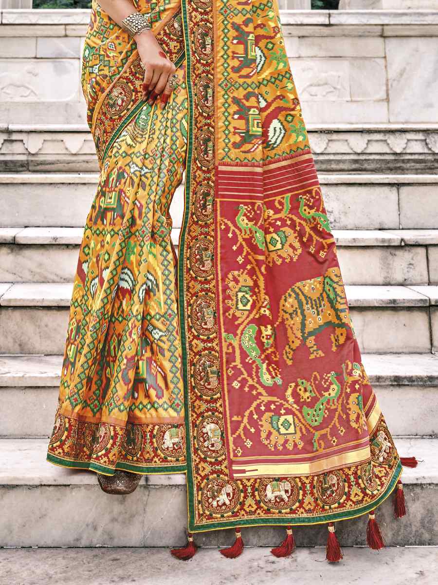 Multi Pathan Patola Pure Silk Embroidered Wedding Festival Heavy Border Saree