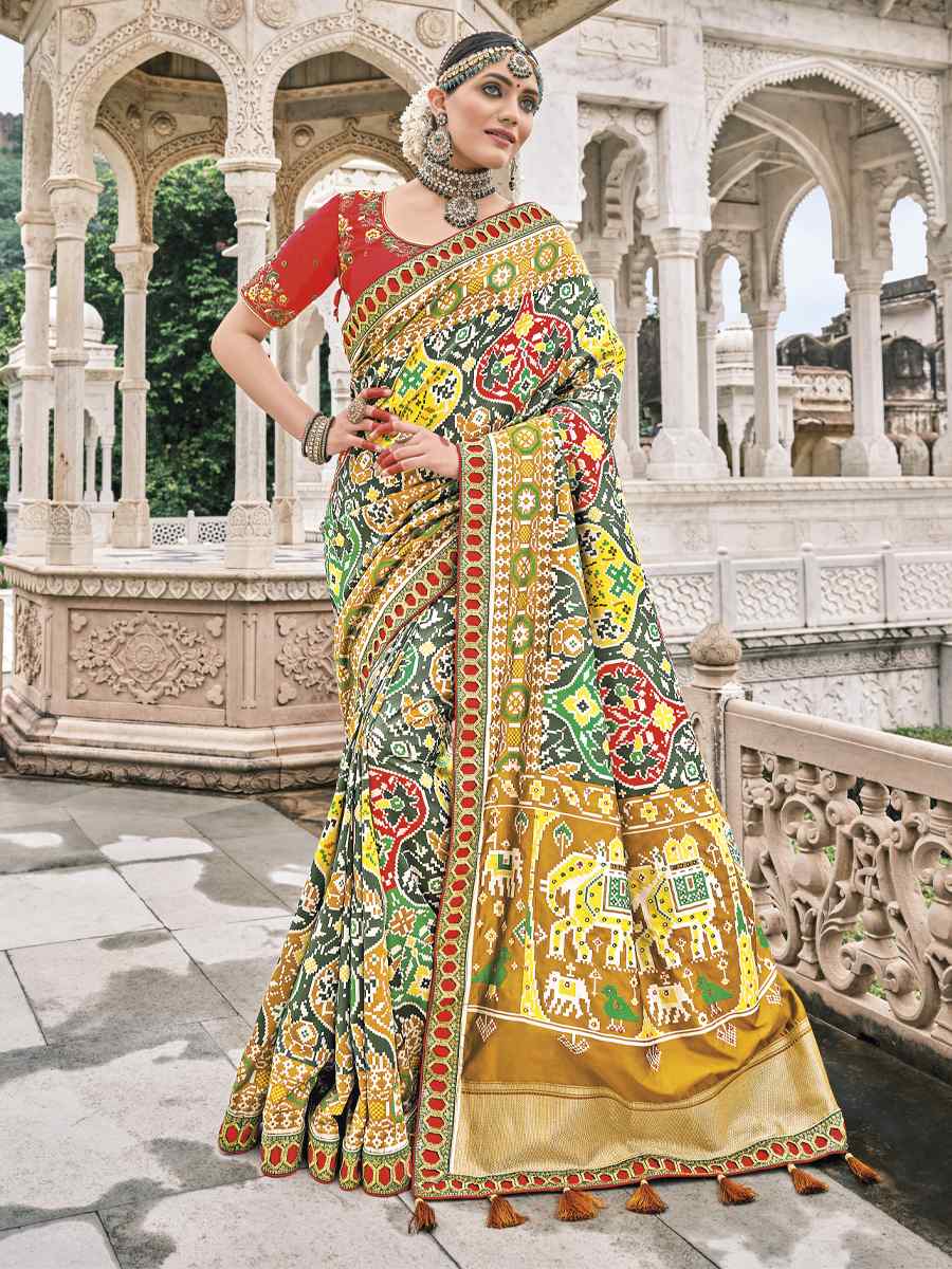 Multi Pathan Patola Pure Silk Embroidered Wedding Festival Heavy Border Saree