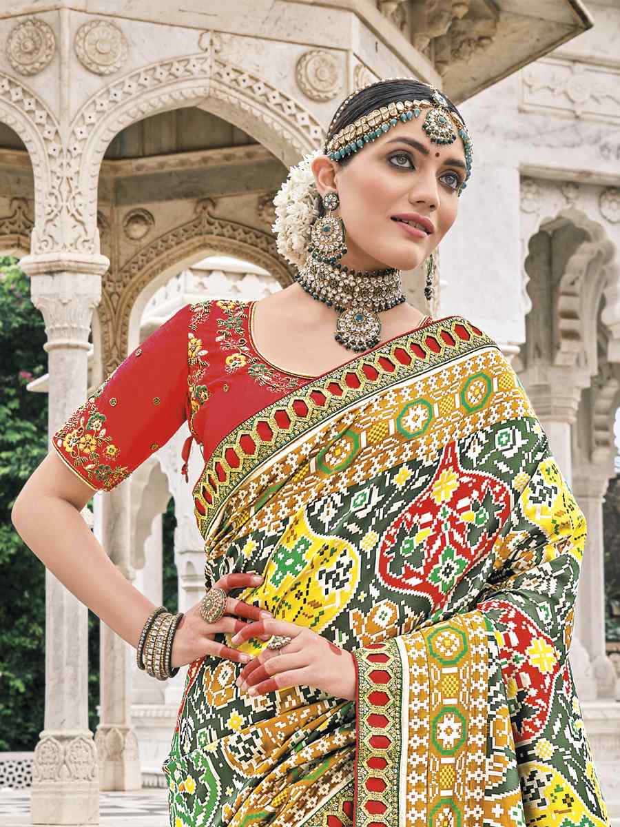 Multi Pathan Patola Pure Silk Embroidered Wedding Festival Heavy Border Saree