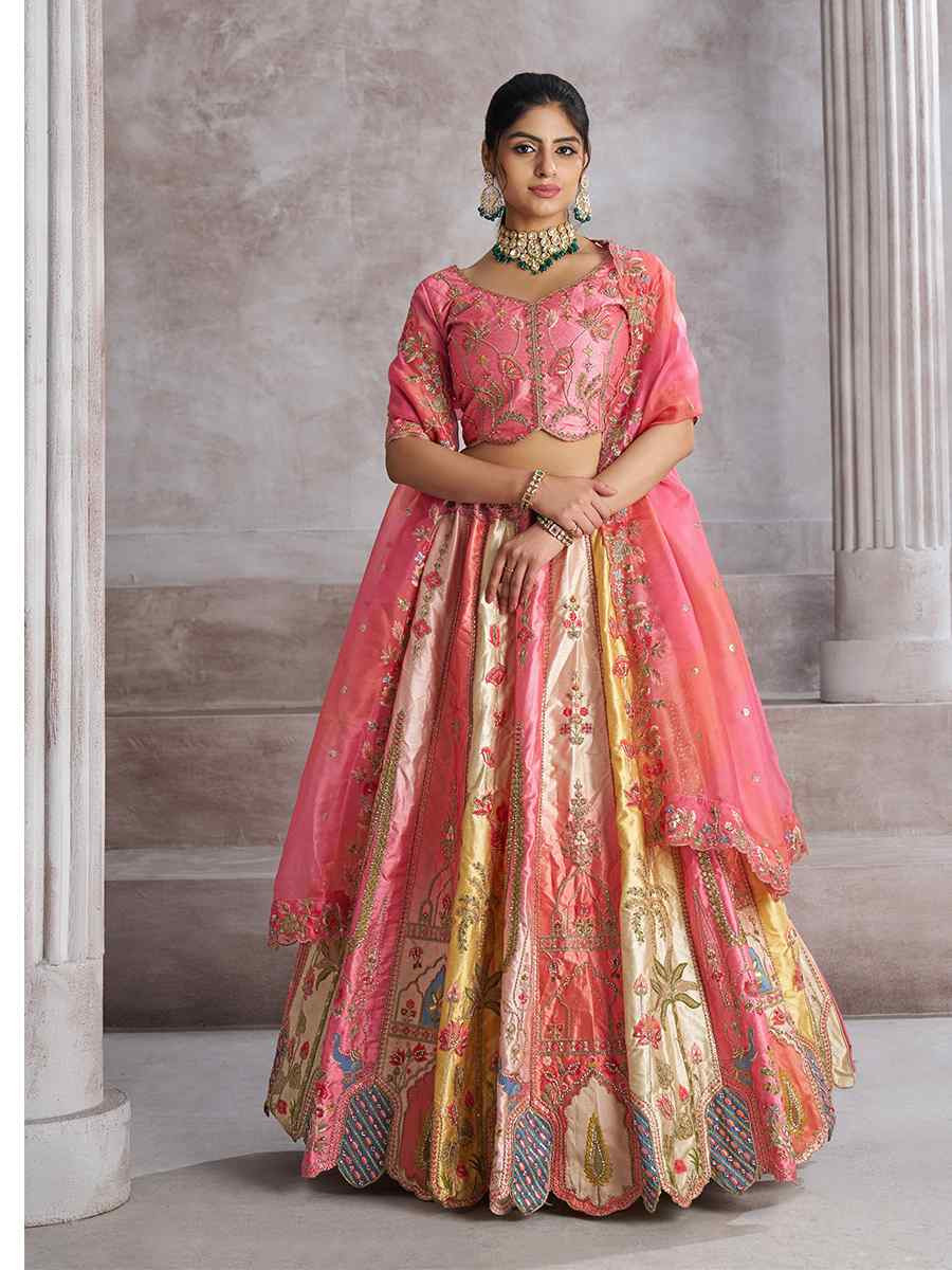 Multi pink Banarasi silk  Embroidered Wedding Bridesmaid Heavy Border Lehenga Choli
