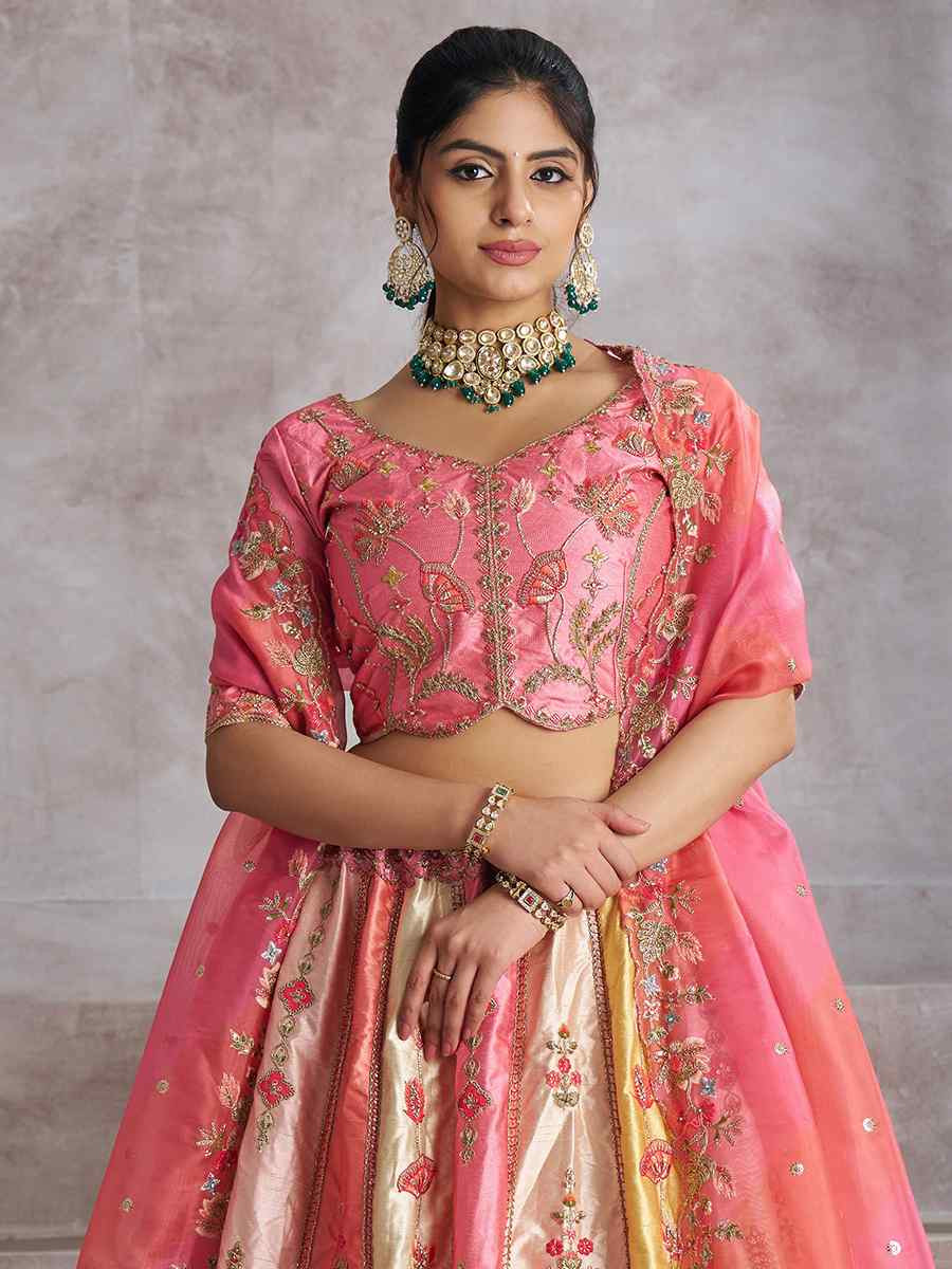 Multi pink Banarasi silk  Embroidered Wedding Bridesmaid Heavy Border Lehenga Choli