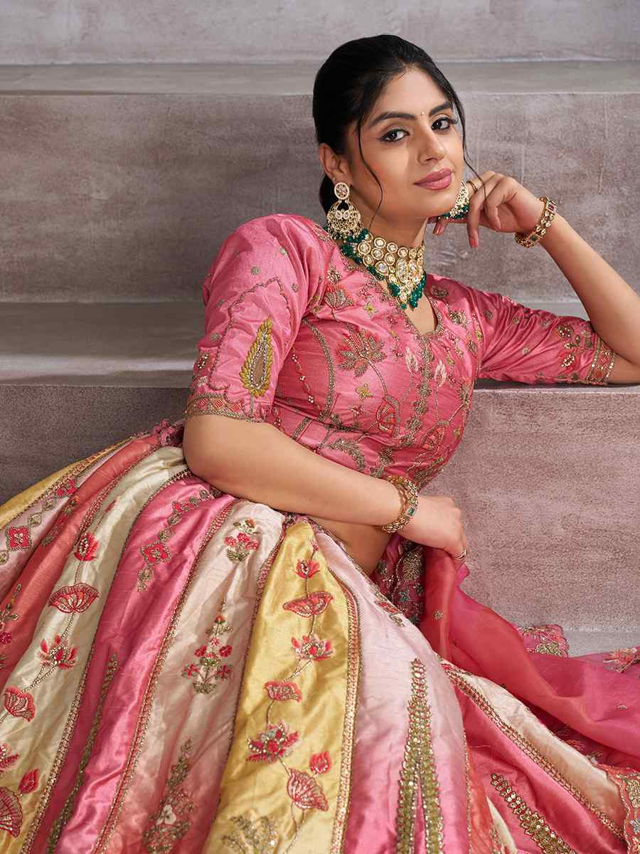 Multi pink Banarasi silk  Embroidered Wedding Bridesmaid Heavy Border Lehenga Choli