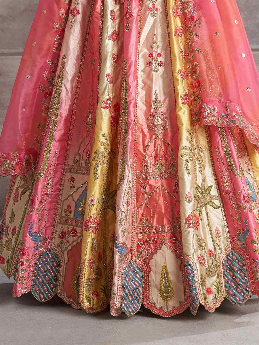 Multi pink Banarasi silk  Embroidered Wedding Bridesmaid Heavy Border Lehenga Choli