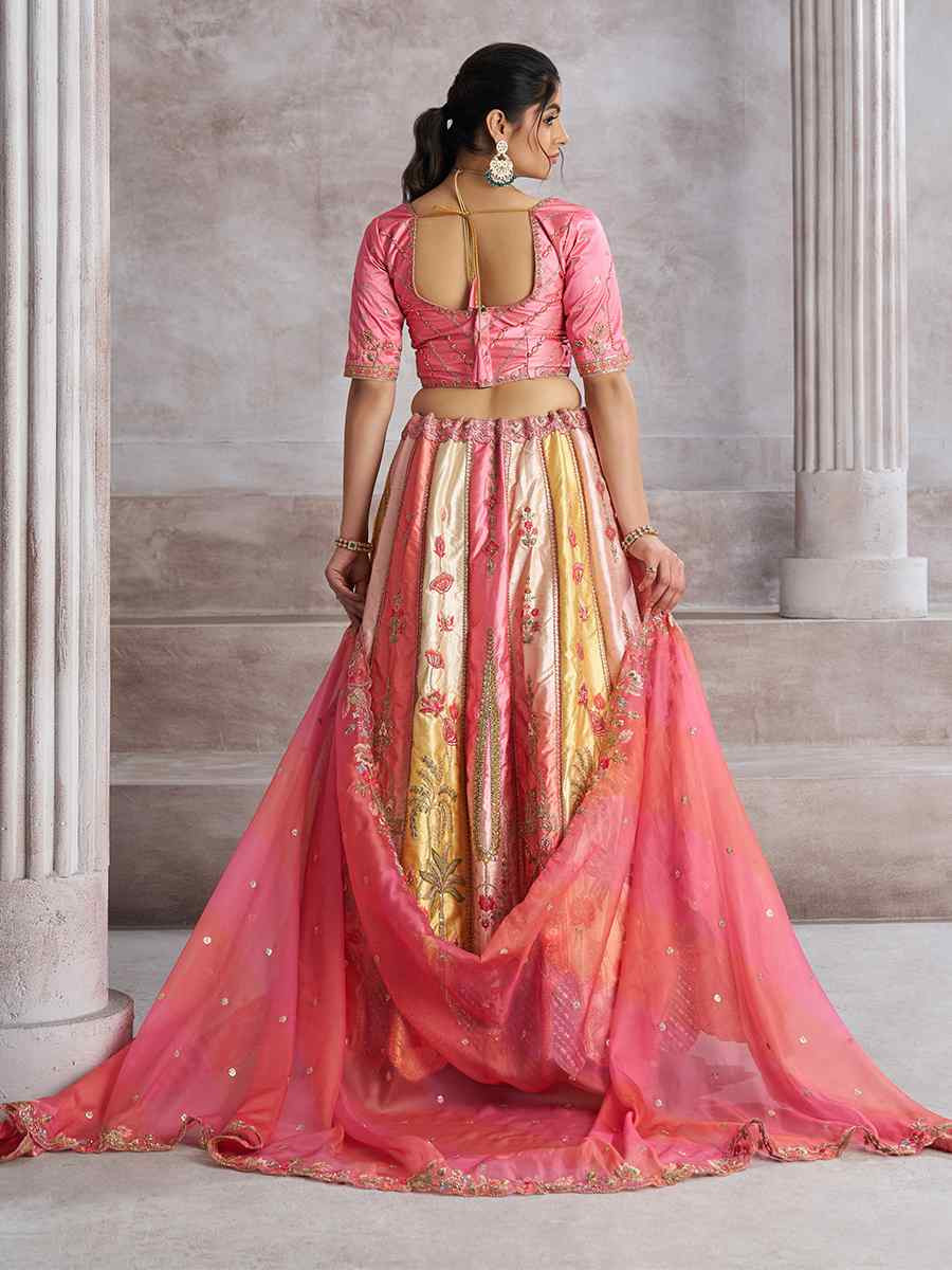 Multi pink Banarasi silk  Embroidered Wedding Bridesmaid Heavy Border Lehenga Choli