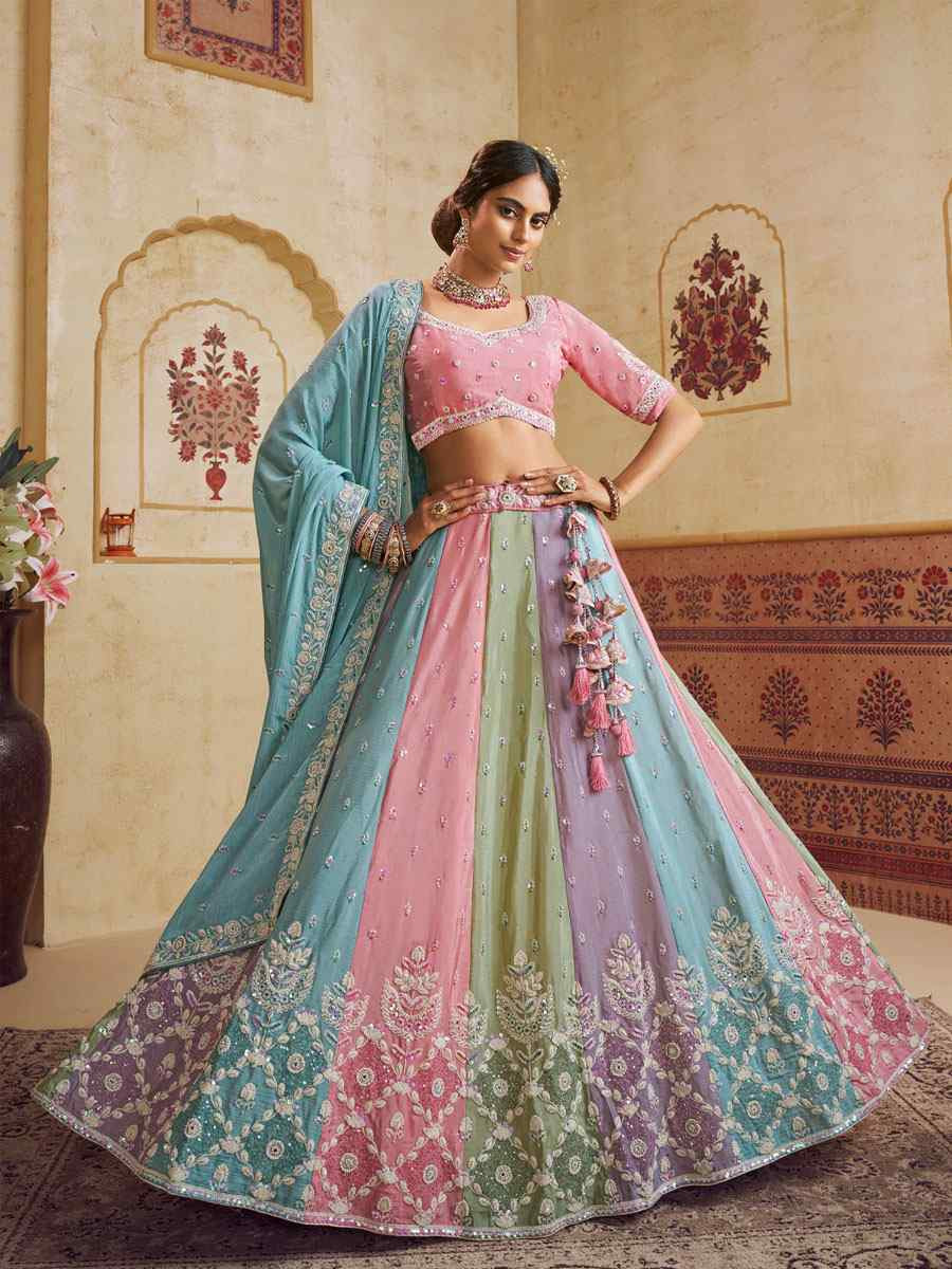 Multi Poly Chiffon Embroidered Bridal Festival Reception Wedding Traditional Heavy Border Lehenga Choli