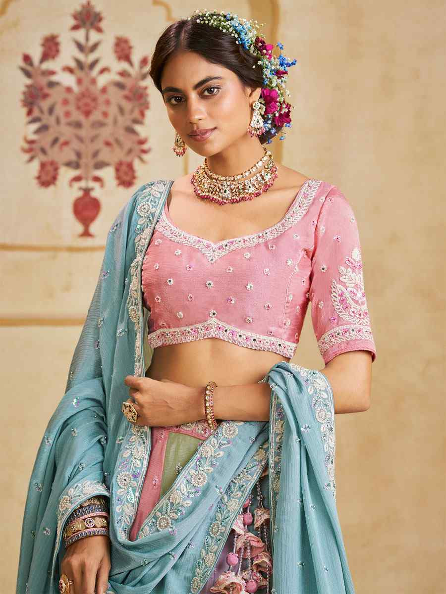 Multi Poly Chiffon Embroidered Bridal Festival Reception Wedding Traditional Heavy Border Lehenga Choli