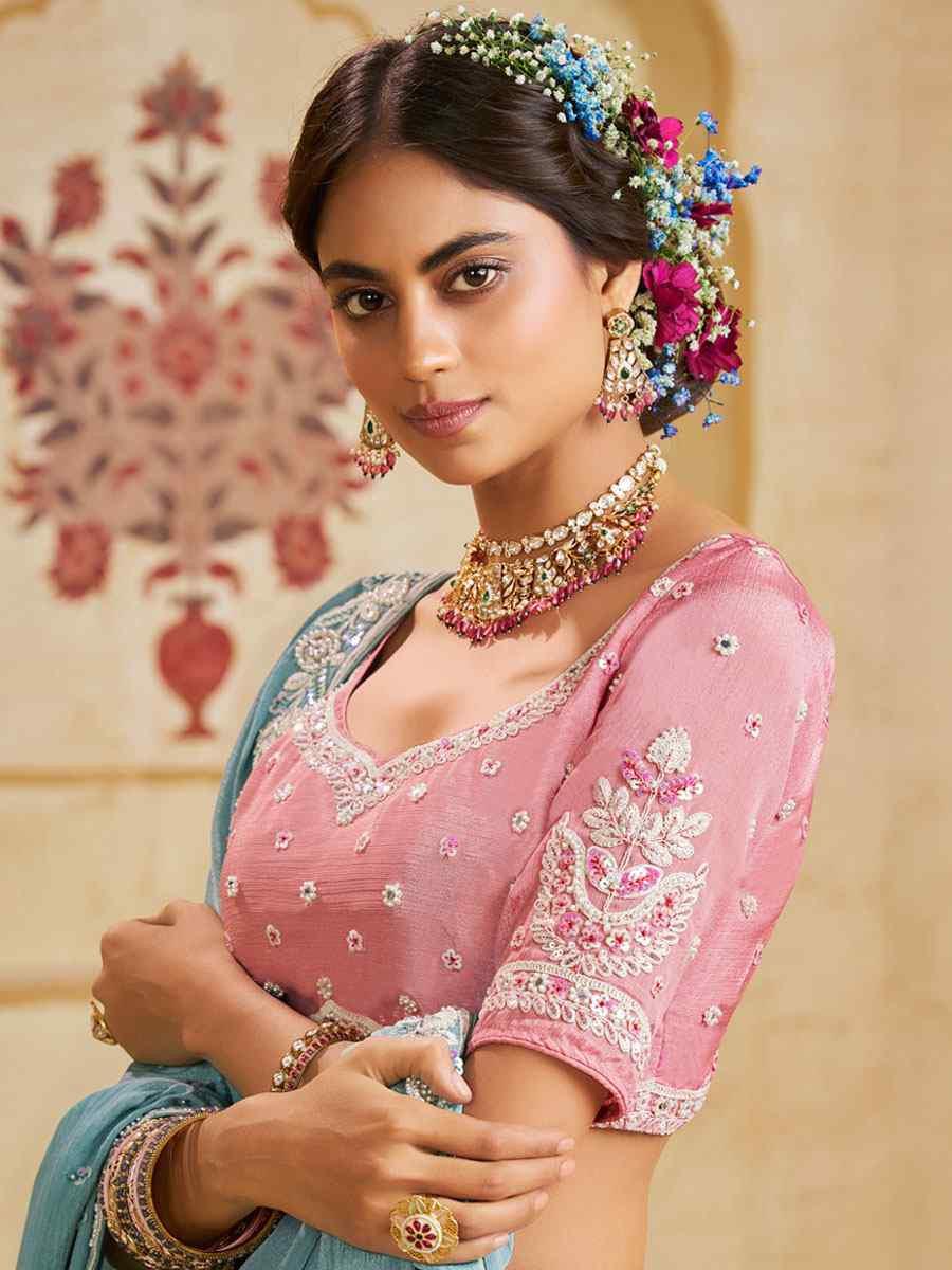 Multi Poly Chiffon Embroidered Bridal Festival Reception Wedding Traditional Heavy Border Lehenga Choli