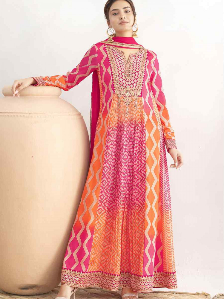 Image of Multi Premium Chinon Embroidered Printed Women Wear Festival Casual Wedding Ready Gown Women Wear