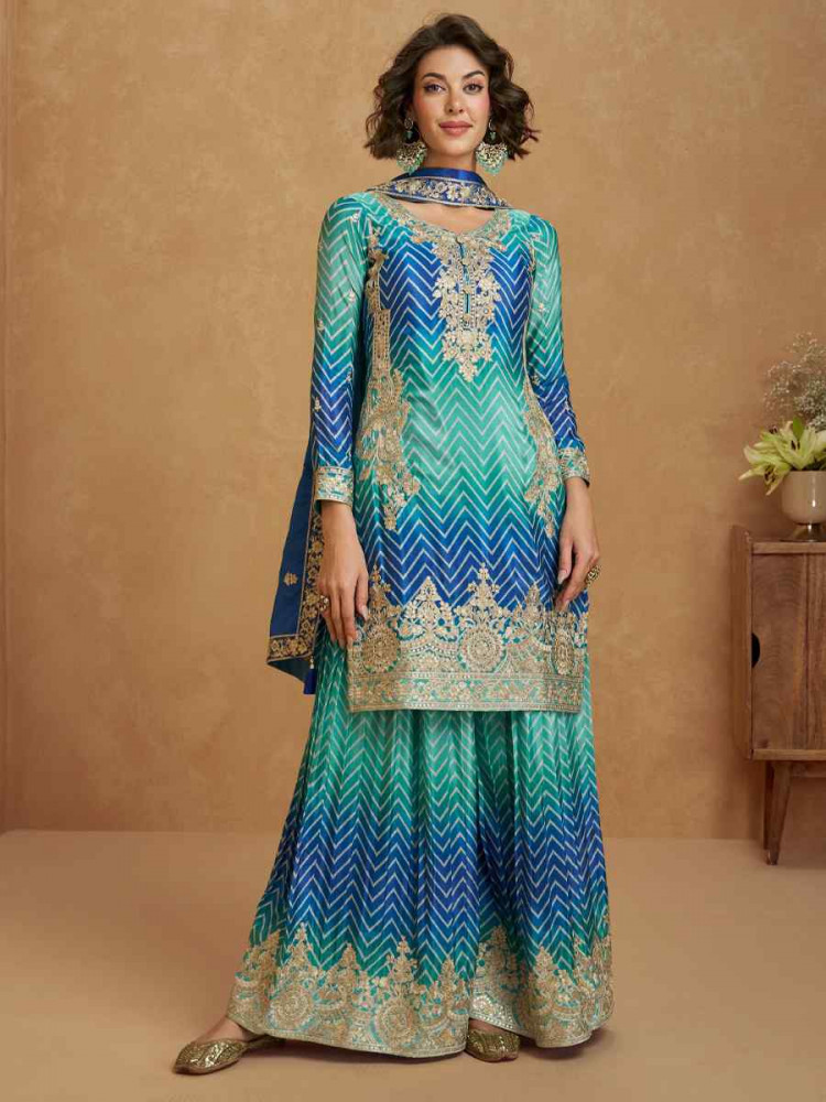 Multi Premium Chinon Silk Embroidered Festival Casual Sharara Salwar Kameez