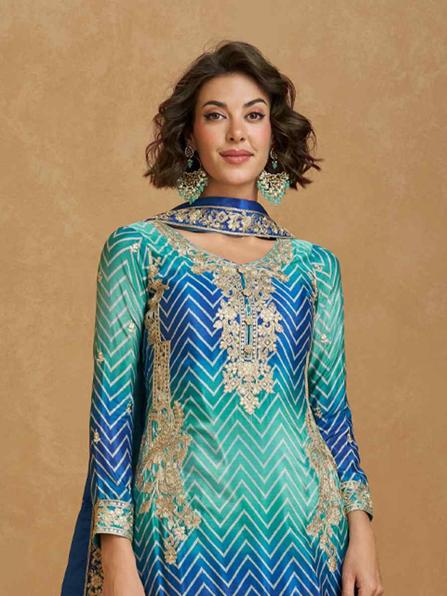 Multi Premium Chinon Silk Embroidered Festival Casual Sharara Salwar Kameez