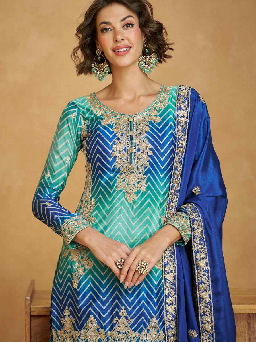 Multi Premium Chinon Silk Embroidered Festival Casual Sharara Salwar Kameez