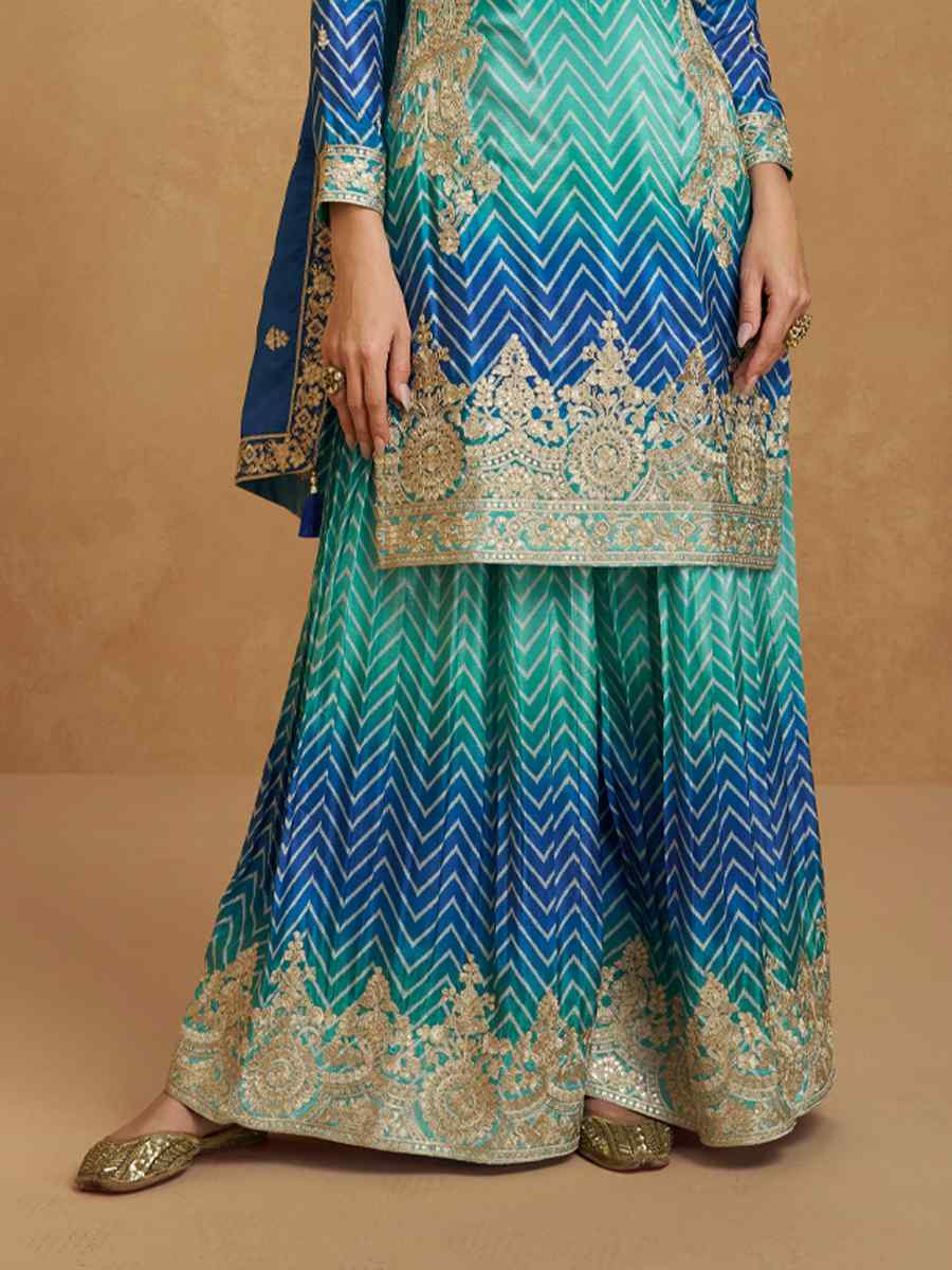 Multi Premium Chinon Silk Embroidered Festival Casual Sharara Salwar Kameez