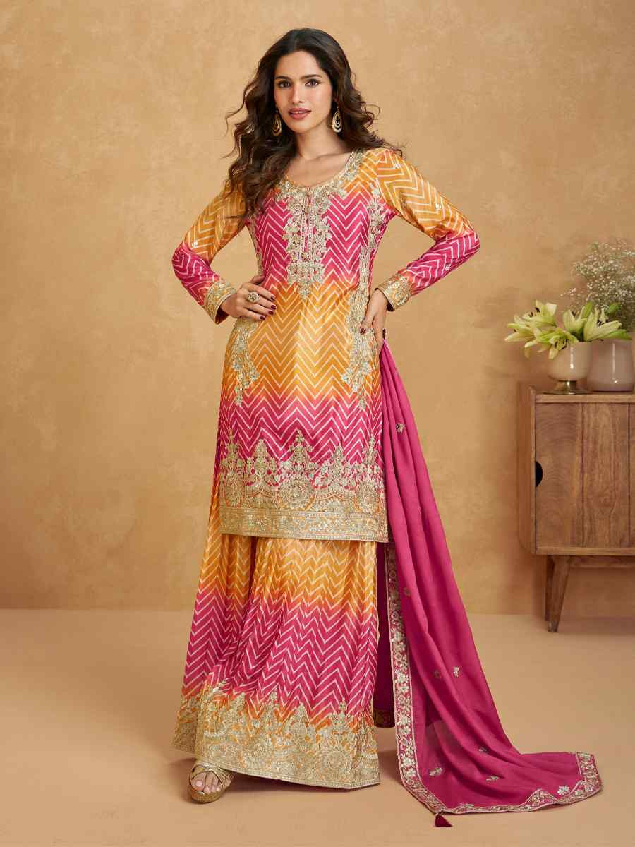 Multi Premium Chinon Silk Embroidered Festival Casual Sharara Salwar Kameez