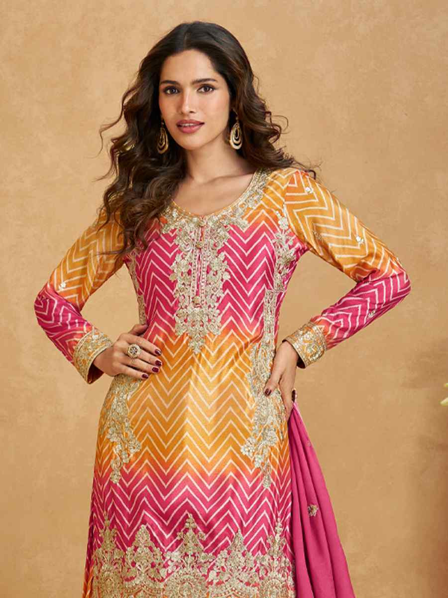 Multi Premium Chinon Silk Embroidered Festival Casual Sharara Salwar Kameez