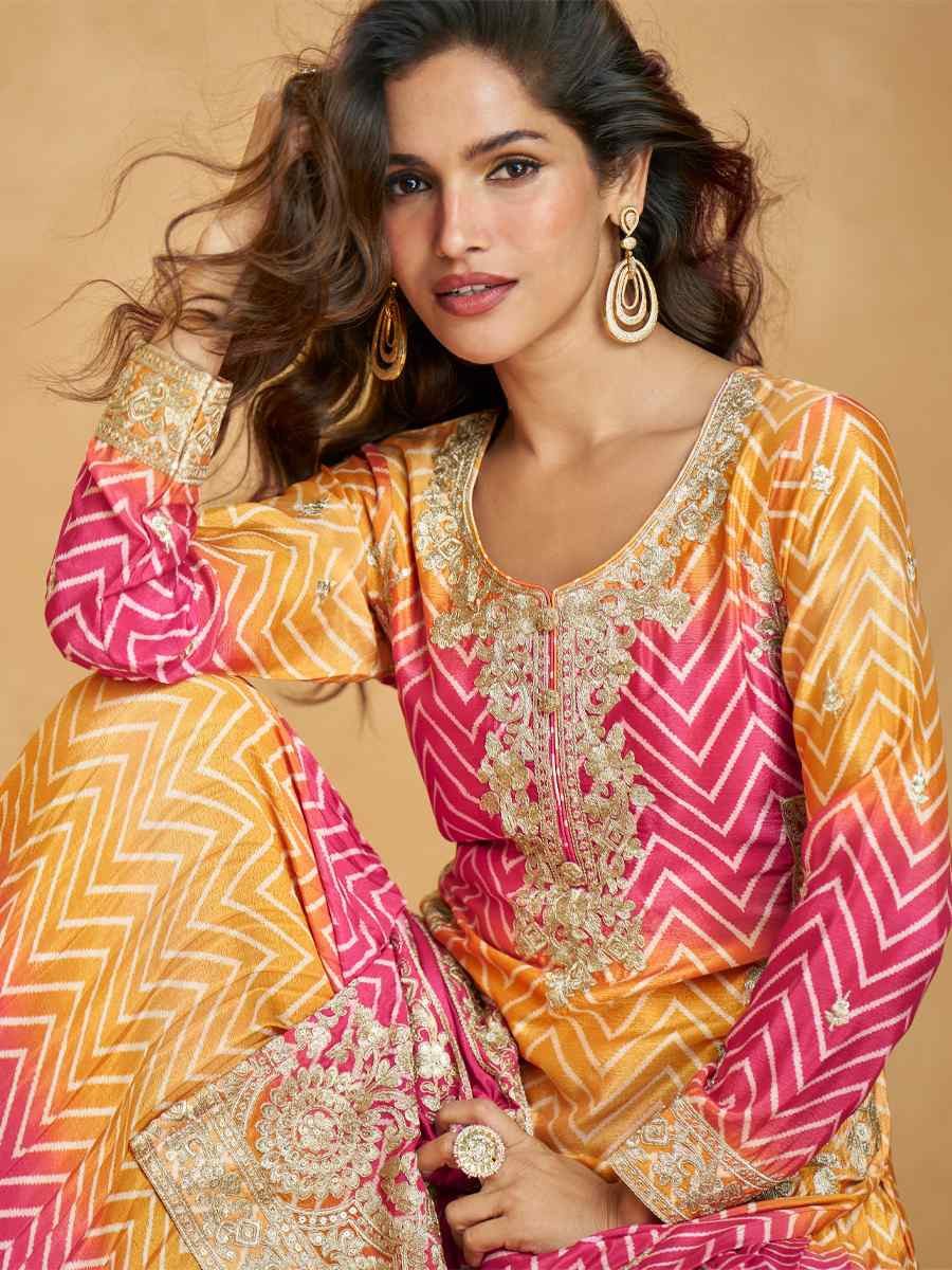 Multi Premium Chinon Silk Embroidered Festival Casual Sharara Salwar Kameez