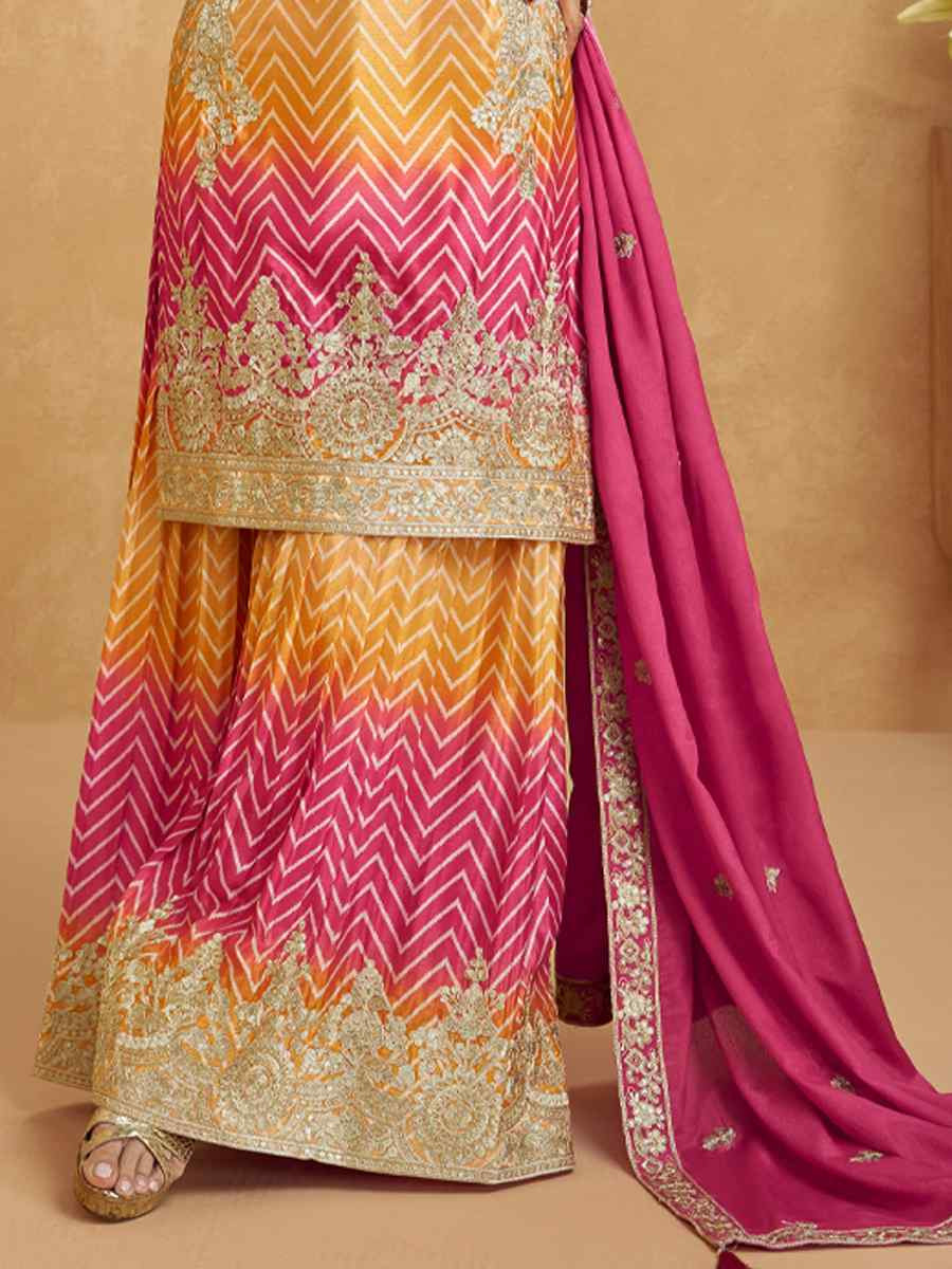 Multi Premium Chinon Silk Embroidered Festival Casual Sharara Salwar Kameez