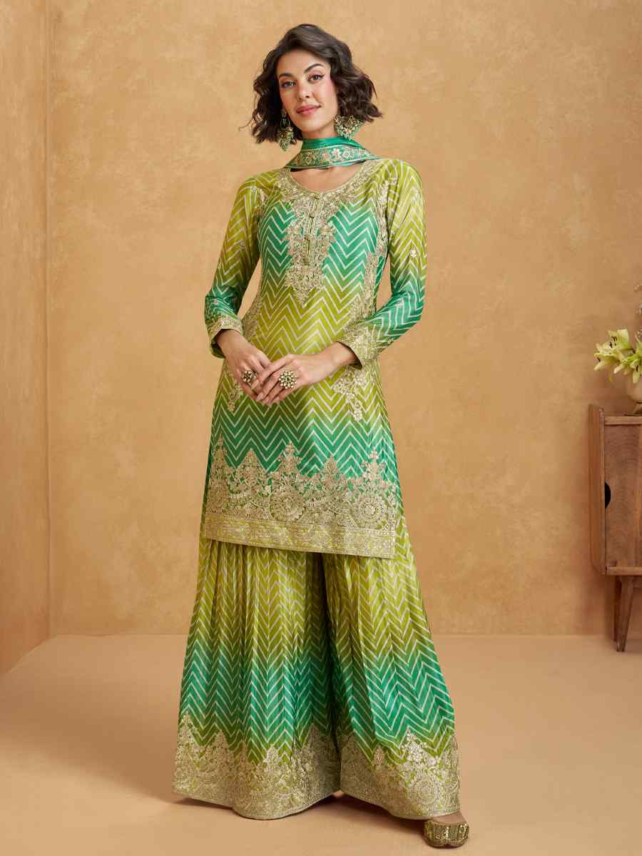Multi Premium Chinon Silk Embroidered Festival Casual Sharara Salwar Kameez