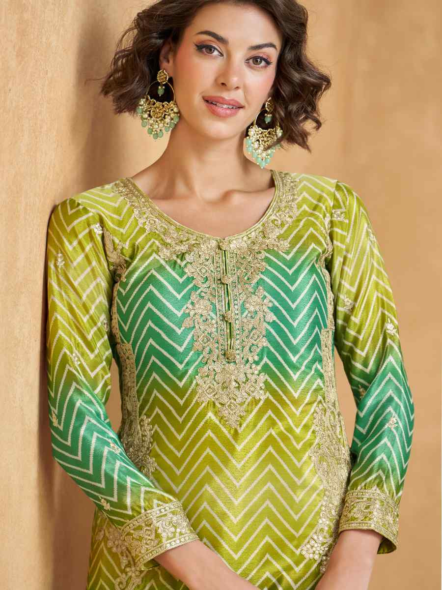 Multi Premium Chinon Silk Embroidered Festival Casual Sharara Salwar Kameez